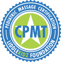 CPMT badge from LiddleKidz Foundation, indicating certification in pediatric massage. Relevant for professionals in child care and therapy.
