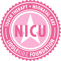 NICU logo from the LiddleKidz Foundation, highlighting touch therapy and neonatal care. Emphasizes support for premature infants and their families.