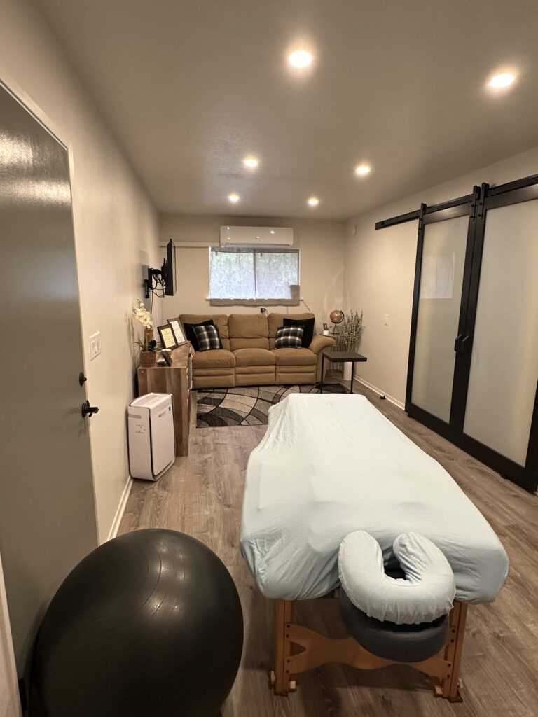 Well-lit therapy room featuring a massage table, exercise ball, and a cozy seating area with a couch and television. Ideal for relaxation and wellness.